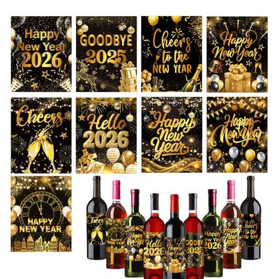 Happy New Year Wine Bottle Label Sticker 2026 Happy New Year Self-Adhesive Party Decoration Black Gold Beer Bottle Label Sticker