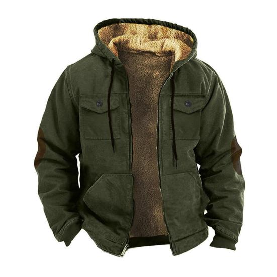 Men Thermal Jacket Hooded Drawstring Long Sleeve Solid Color Jacket with Pockets Zipper Closure