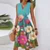 Women's Spring Summer Casual V Neck Sleeveless Waist Floral Print Midi Dress
