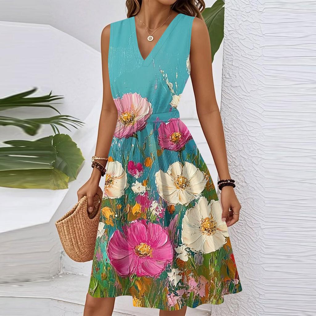 Women's Spring Summer Casual V Neck Sleeveless Waist Floral Print Midi Dress