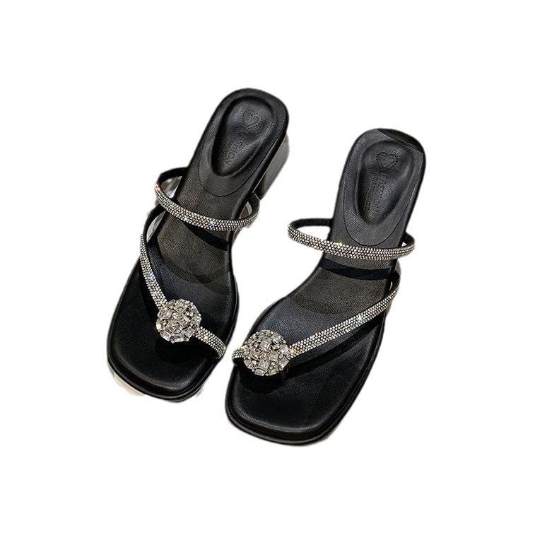 Französische Pantoletten mit dickem Absatz Damen Sommerbekleidung neue Taubenei Strass kühle Pantoletten vielseitige Zehen römische Sandalen