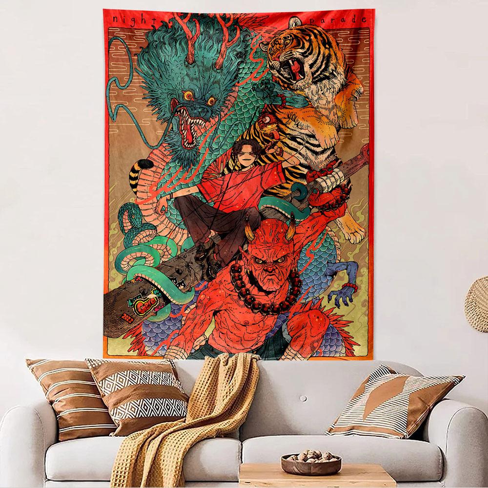 Night Parade Tapestry Wall Hanging, Japanese Yokai Festival Art, Oriental Wall Decor for Bedroom Living Room Dorm