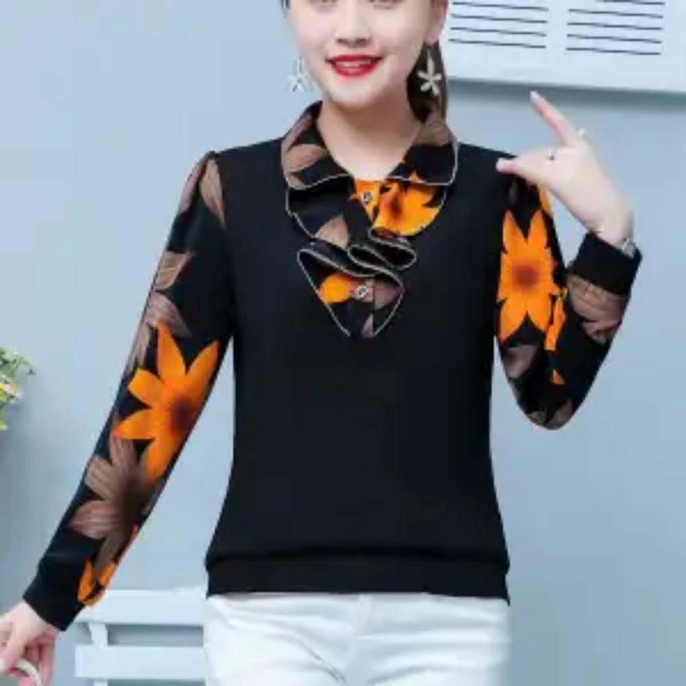 

Осенняя женская модная рубашка с воротником Питер Пэн, оборками и вставками, элегантная корейская блузка свободного кроя с длинным рукавом и принтом, женская одежда XXL жёлтый