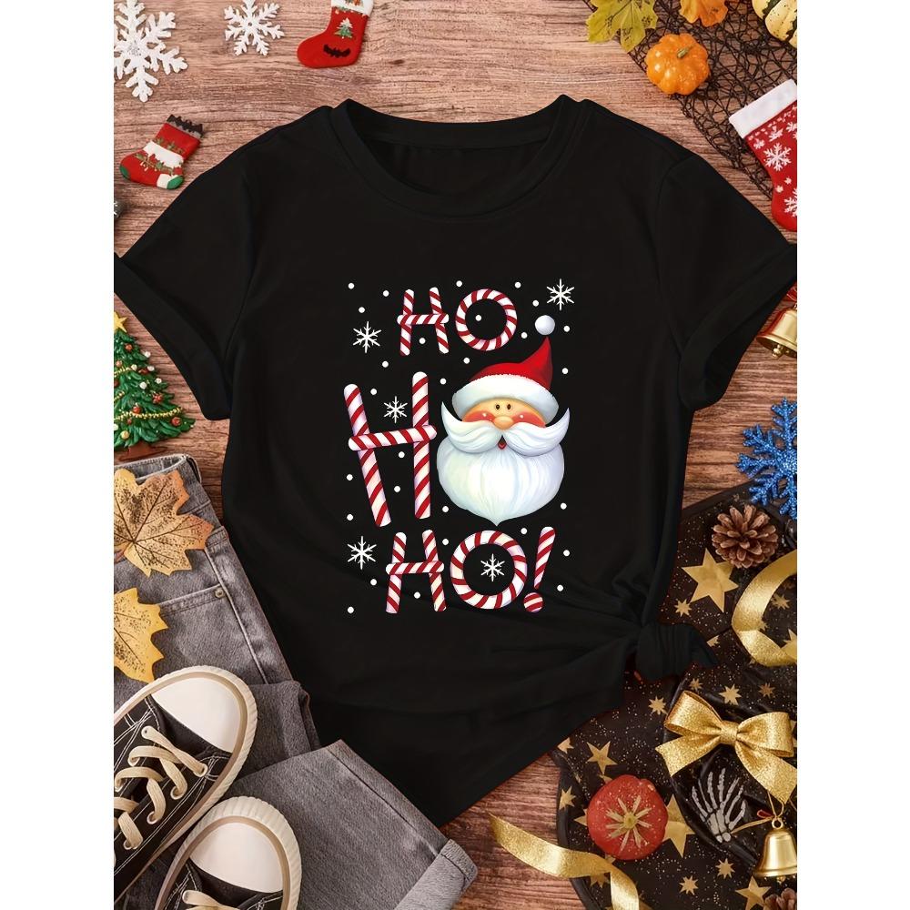 Fashion Spring and Summer New Models, Women's Crew Neck, Cartoon Santa Pattern Letter Printing Short Sleeves