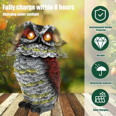 1/2Pcs Solar Owl Decoy Resin Pigeon Deterrent Owl Statue with Flashing Eyes and Rotating Head Garden Bird Scarer for Yard Lawn