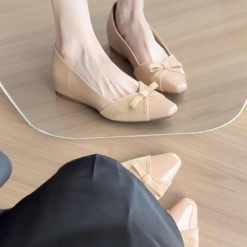 Inner height increase 5cm nude bow patent leather single shoes femininity one pedal commuter shoes soft sole Mary Jane women's shoes