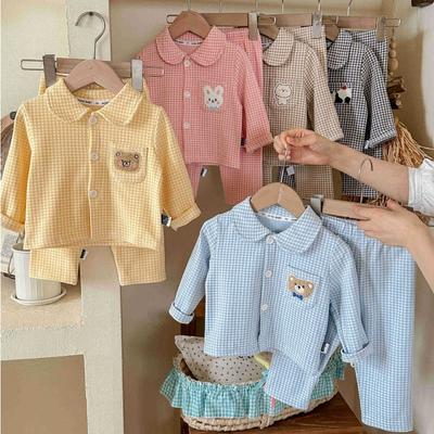 2Pcs/Set New Boys Girls Autumn Casual Pajamas Home Wear Kids Cartoon Bear Long Sleeve Lapel Pyjamas Children's Sleepwear Clothing Sets