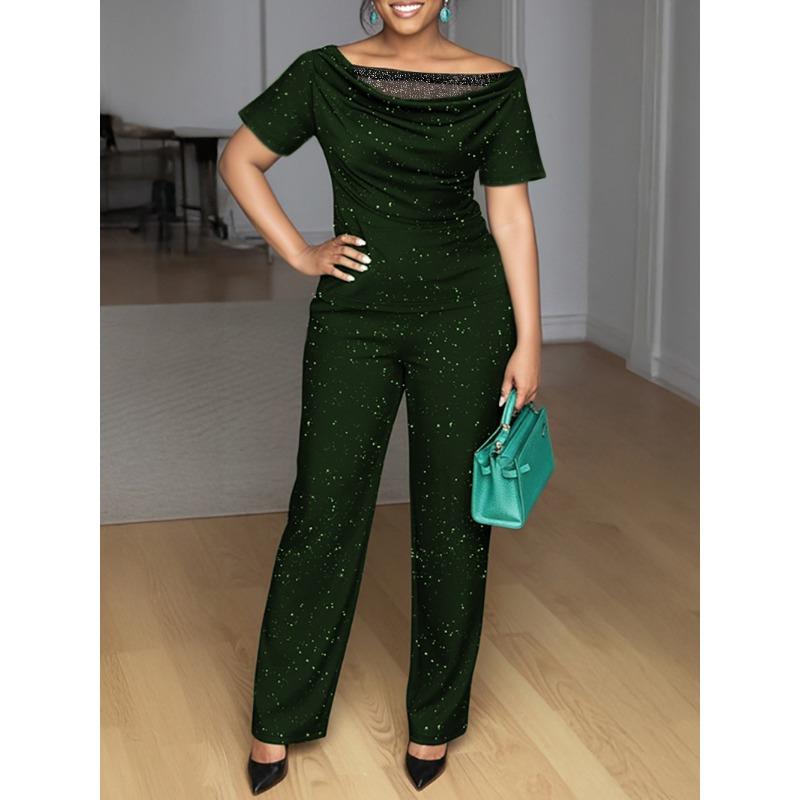 Summer New Style Gold-embroidered Lace Patchwork Short-sleeved Top and Wide-leg Pants Two-piece Set