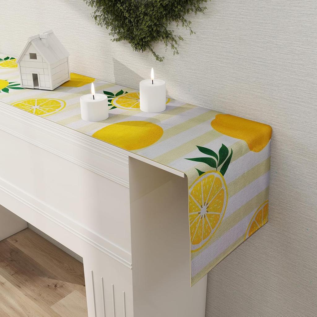 Lemon Table Runner Kitchen Decor - Yellow and White Stripes Lemon Table Decorations Summer Spring Seasonal Home Decor for Dining Table Farmhouse