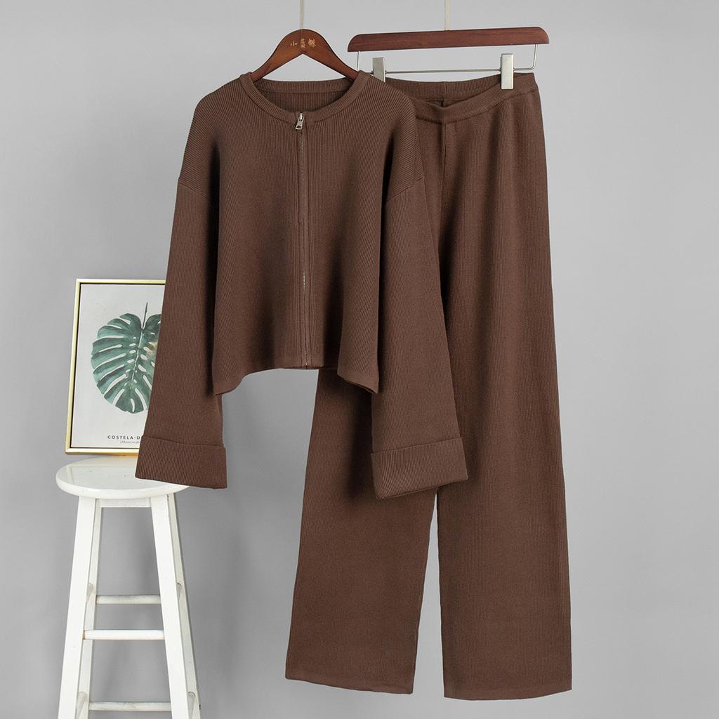 Knitted Long-sleeved Wide-leg Trousers Set, European, American Autumn and Winter New Zipper Jacket Trousers Casual Suit