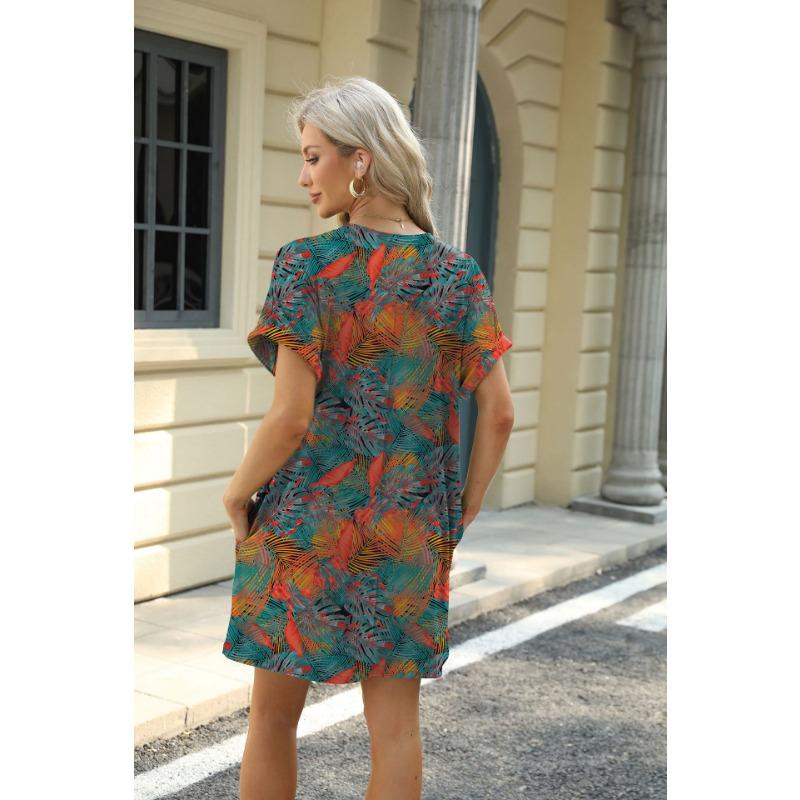 YYFS Damenmode Sommer Frühling Blumenmuster Druck Kurzarm O-Ausschnitt Lose Taille Freizeitkleider