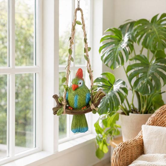 Hanging Parrot Garden Statue Resin Tropical Bird Swing Figurine Outdoor Animal Sculpture for Patio Lawn Garden Balcony Tree Decor