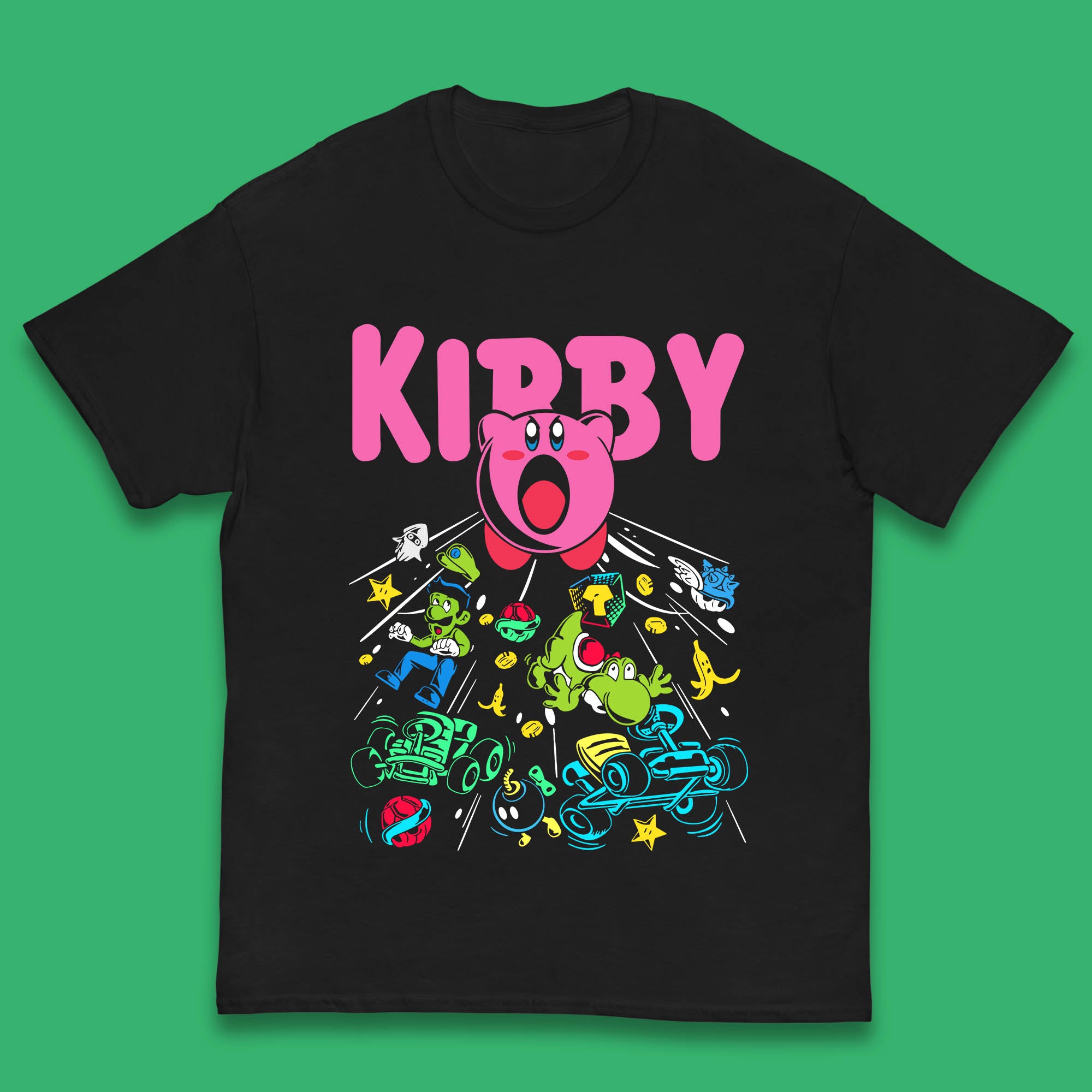 Kirby Consume Karting Mario Kart Ghost Band Heavy Metal Kirby Retro Gaming Kids T Shirt 100