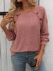 2024 Women's Crew Neck Ribbed Long Sleeve Button T-shirt - Solid Color