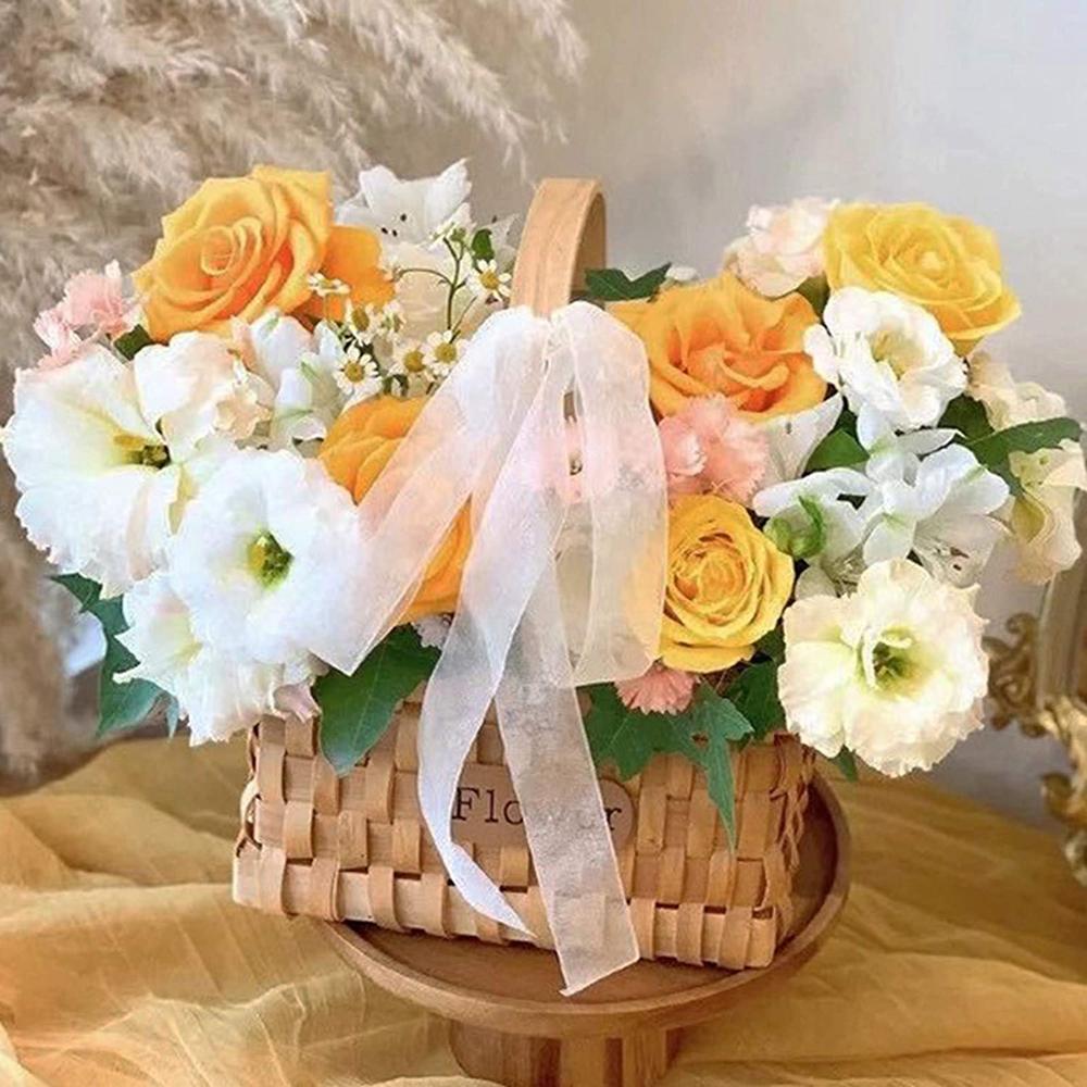 Hand-woven Picnic Fruits Vegetable Bread Serving Storage Baskets Wooden Chip Rattan Storage Basket with Handles Storage Basket