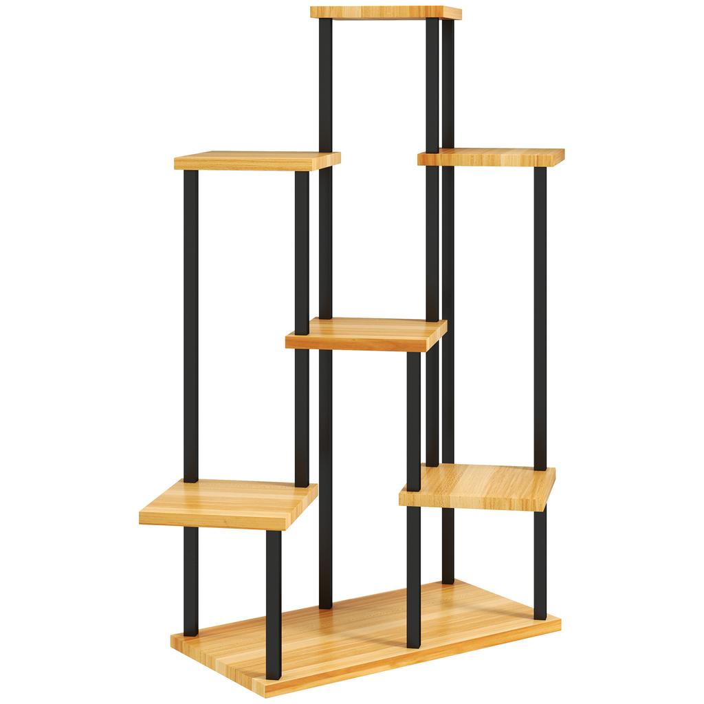 7-Tier Plant Stand for Indoor and Outdoor, Plant Shelf In Steel and Wood, Natural Wood