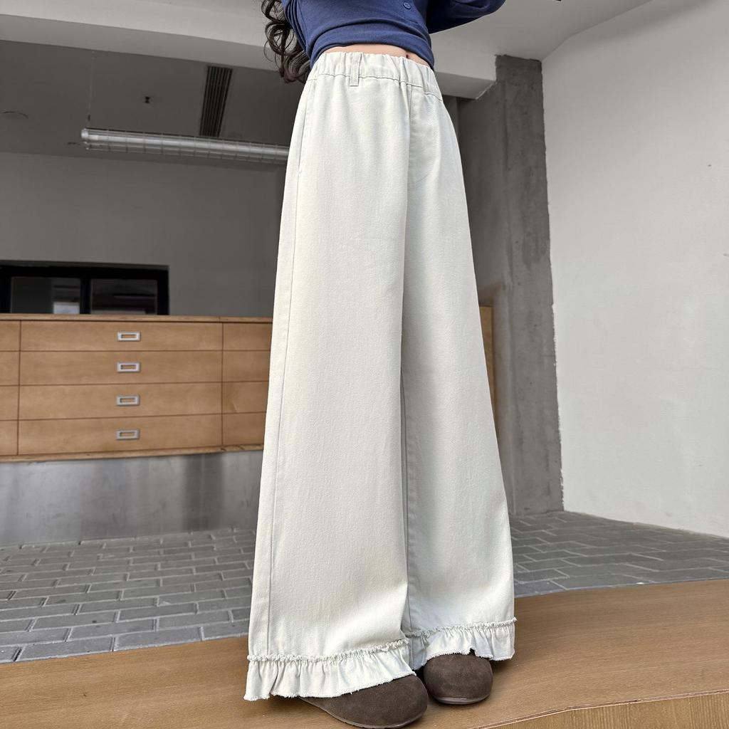 Girls' Fashionable Lace Wide-Leg Pants for Spring and Fall - Casual Straight-Leg Style for Middle and Big Girls