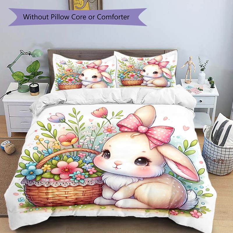 

3pcs Bunny & Flowers Printed Bedding Set, Soft and Comfortable Quilt Cover for Bedroom, Guest Room M019 135x200cm