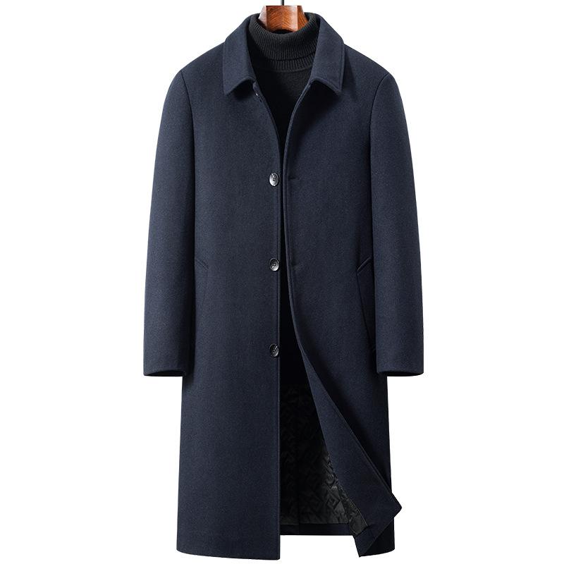 Men Wool Blend Overcoat Autumn Winter Turn Down Collar Long Woolen Coat Single Breasted Business Casual Long Sleeve Outerwear Windbreaker