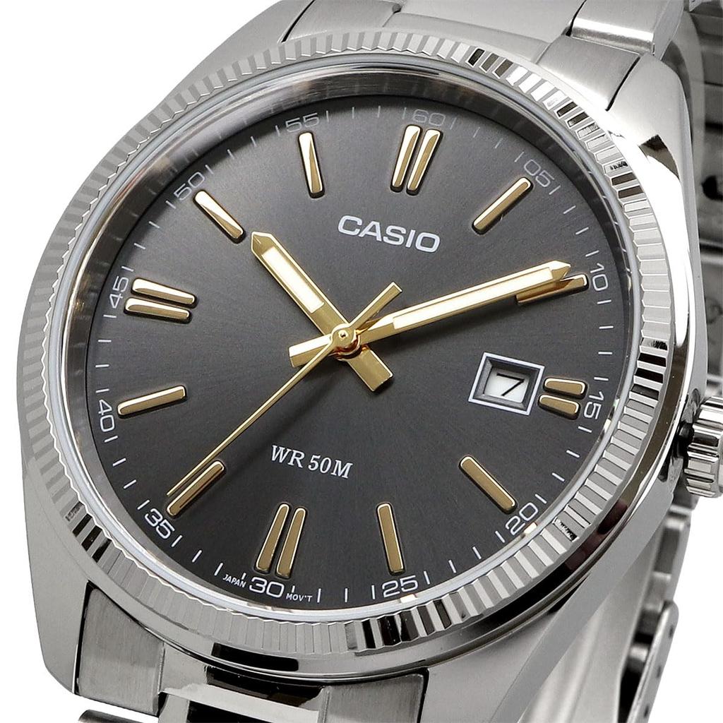 Casio Analog Quartz Men's Wristwatch MTP-1302D-1A2V Metal Band Silver Dark Gray Dial Gold Index