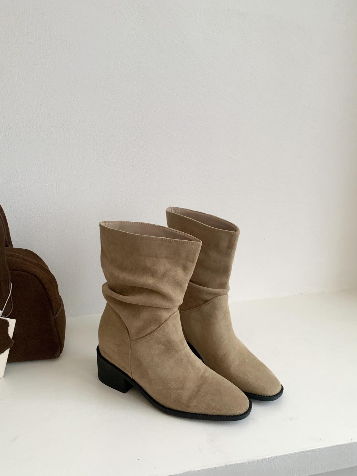 Vintage Khaki Coarse Heel Pleated Pile Boots Women s Season Square Head Short Boots Western Cowboy Boots 40 абрикосовый 3550₽