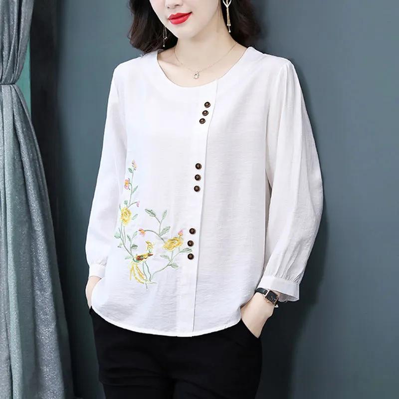 Women's Spring Seven-quarter Sleeve Plus Size Cotton Linen Shirt Middle-aged Retro Embroidery Design Comfortable Tops