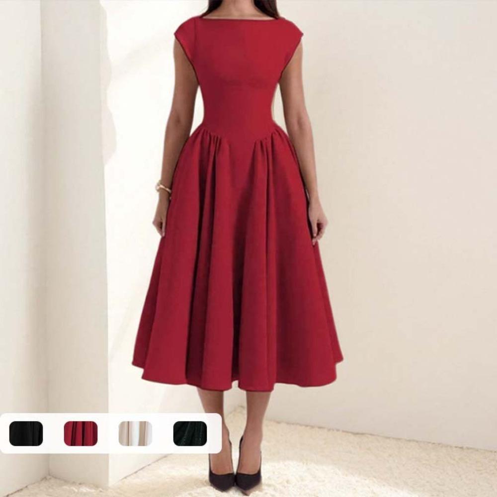 Abito lungo da donna a maniche corte con scollo rotondo, vita alta, con inserti, arricciato, tinta unita, linea ad A