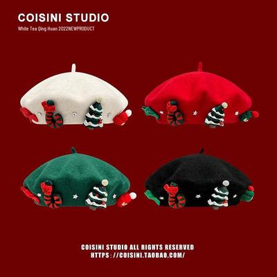 Wool Red Christmas Bow Beret: Women's Korean Style Winter Painter Hat