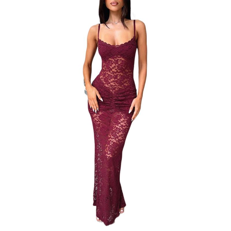 Spring 2026 Sexy Lace Trim Slim Fit See-through Dress - Spicy Girl Style