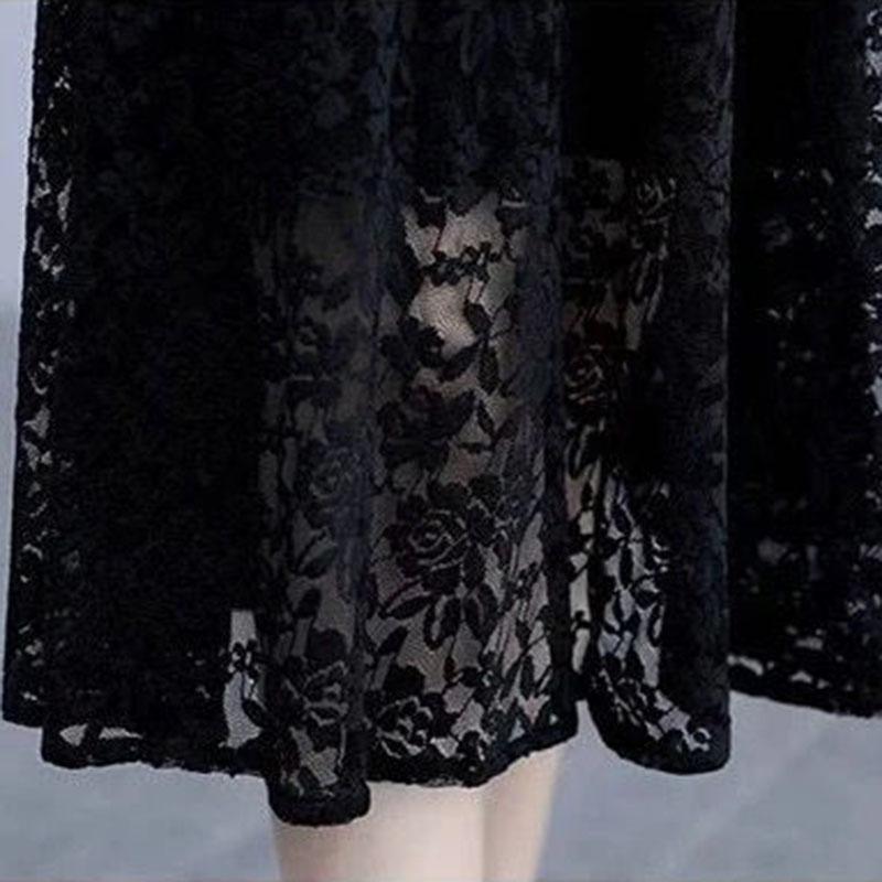 Women's Summer Short Sleeve Hollow Out Lace Dress Slim Round Neck A-Line Mid-calf Dresses