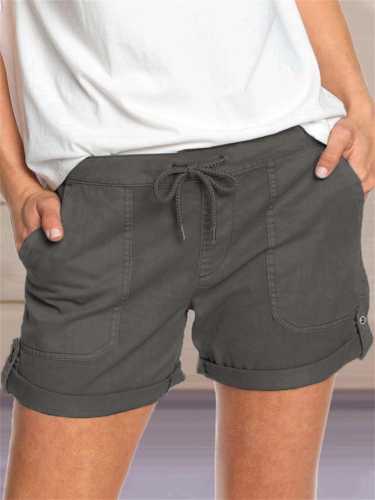 2025 Women's Casual Solid Color Straight-Leg Lace-Up Shorts