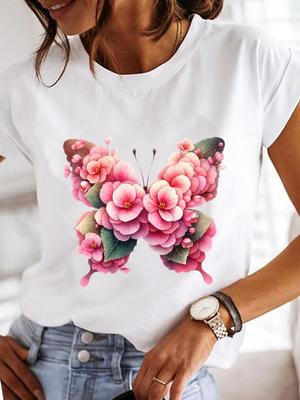 (Asian Size) Clothing Sweet Butterfly Flower T Shirt Fashion Tee Print Lady Women Casual Top Short Sleeve Female Graphic T-shirts