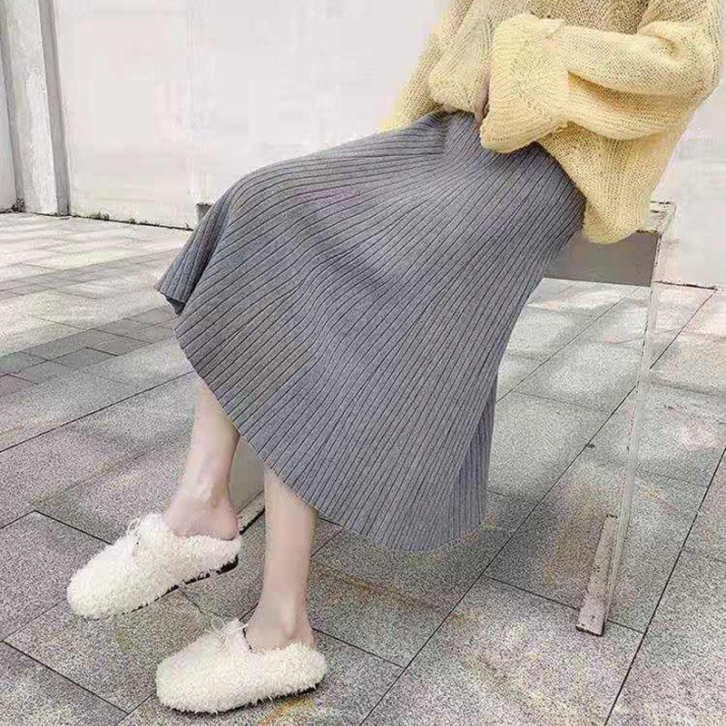 Autumn Winter Knitting Solid Color Pleated Skirt Female High Waist All-match Mid-length A-line Skirt