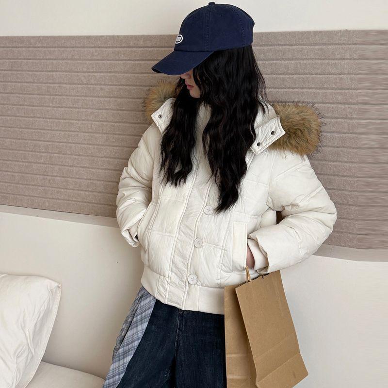 Women's Navy Blue Hooded Cotton Coat with Faux Fur Collar - Warm Winter Short Jacket