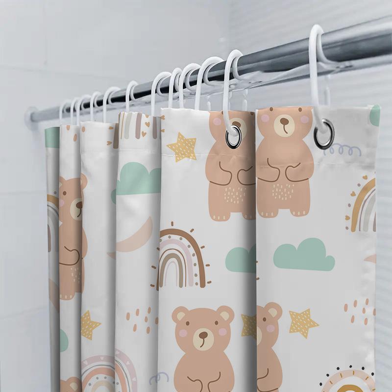 Cute Bear Shower Curtain White Bathroom Decor With Rainbow Clouds Pattern For Kids Bathrooms Set Includes 1 Curtain (70 X 72) +