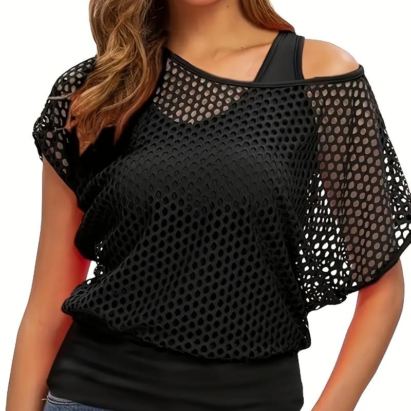 Women's Casual Vintage Fishnet T-Shirt and Tank Top Set with Cut-Out Design