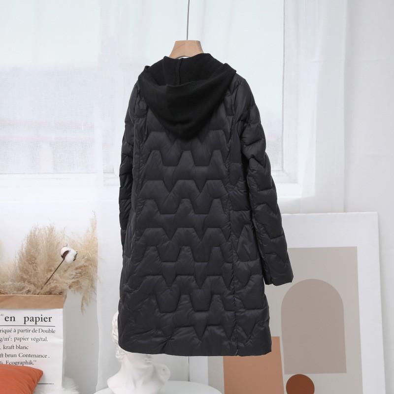 Womens Lightweight Hooded Down Jacket Mid-Length Knit Collar Casual Coat 2025