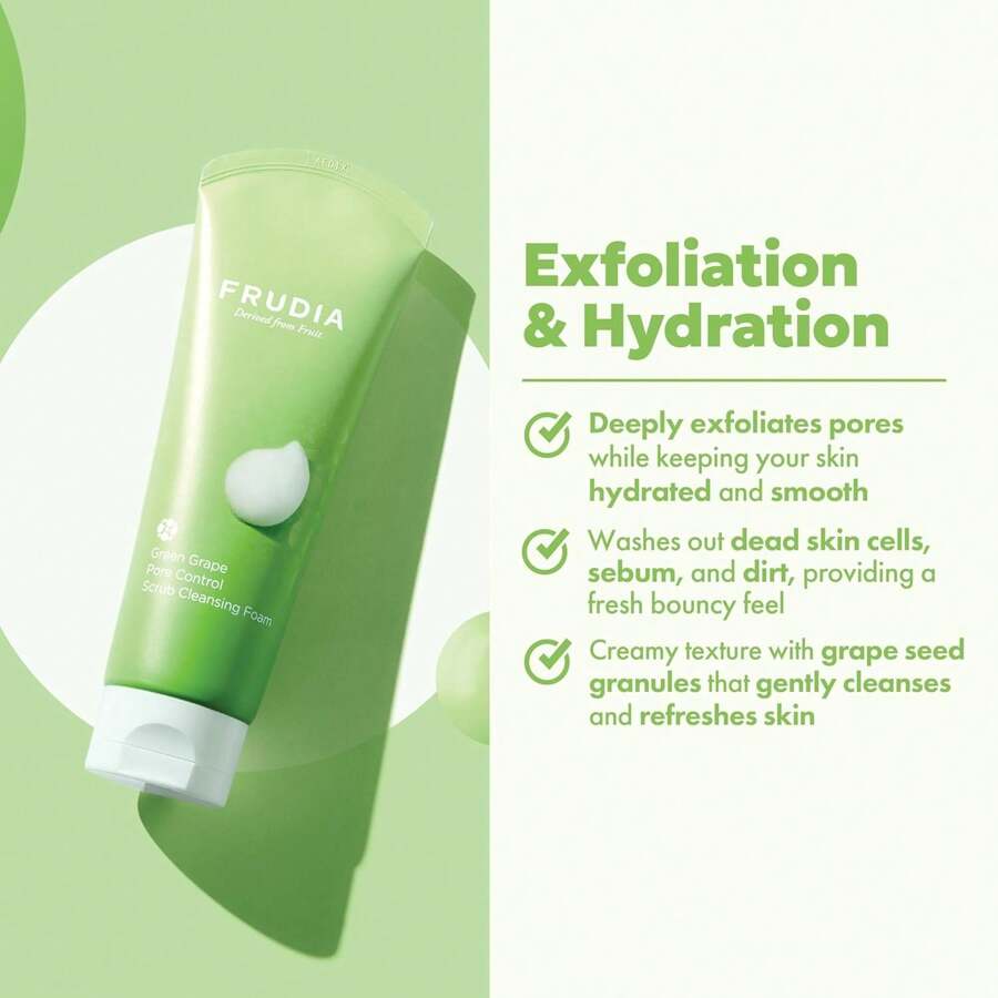 FRUDIA Green Grape Pore Control Face Cleanser Foam 145ml , Daily Facial Cleanser For Exfoliating And Pore Care