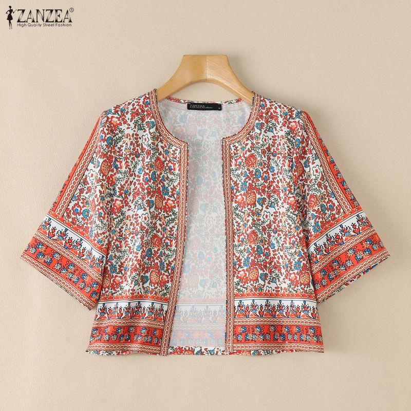 ZANZEA Women Bohemian Floral Print Open Front Cropped Half Sleeve Vintage Casual Holiday Tops Blouse