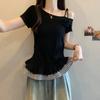 Summer Korean version irregular slanted shoulder splicing lace plaid hem top fashionable sweet and versatile waist short-sleeved women
