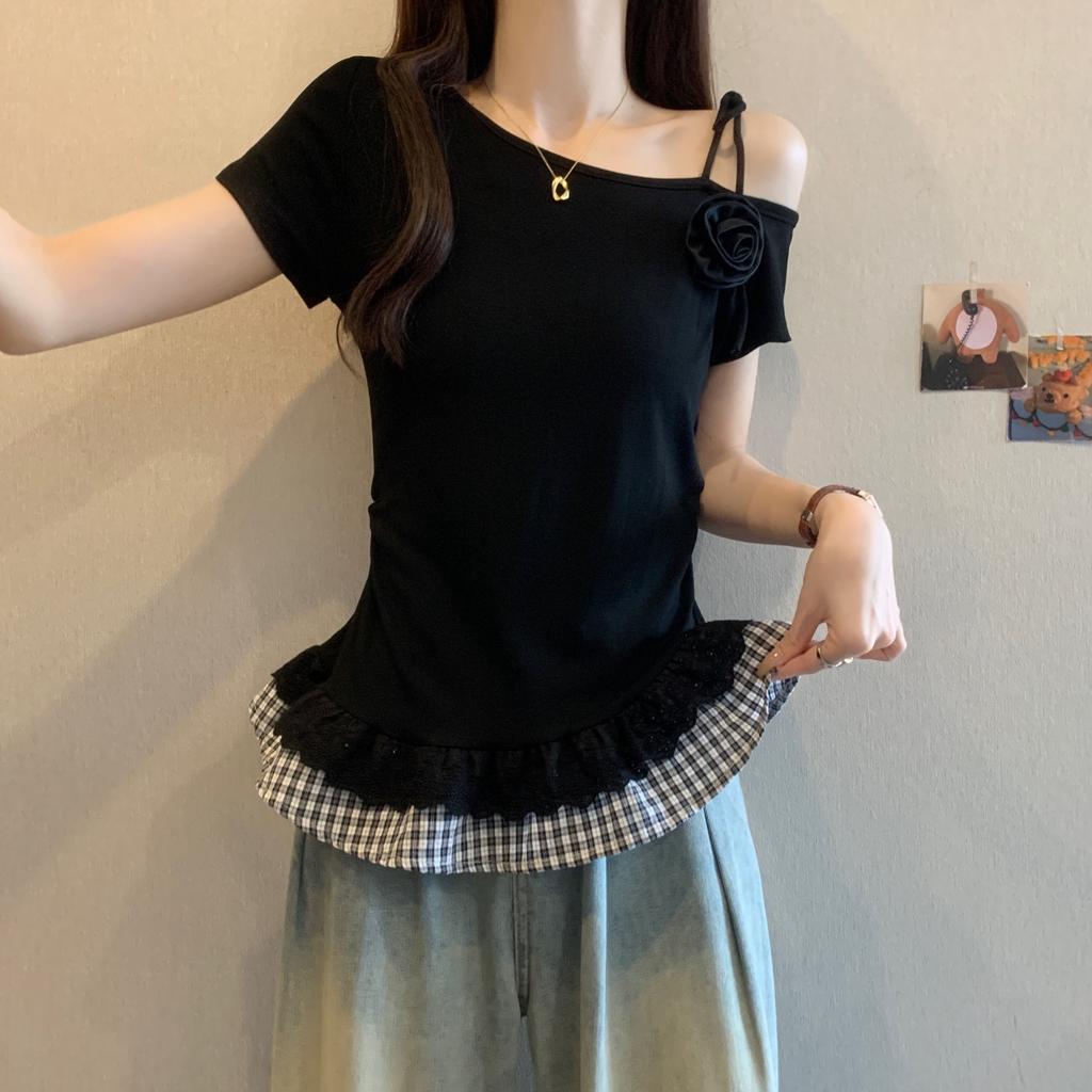 Summer Korean version irregular slanted shoulder splicing lace plaid hem top fashionable sweet and versatile waist short-sleeved women