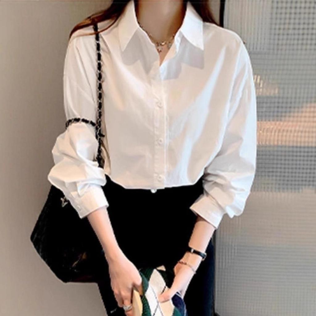 Women's Collar Long Sleeve Loose Fit Blouses Shirts Casual Korean Style Button Down Top