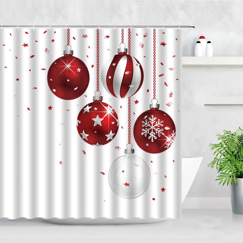 Winter Christmas Shower Curtains Xmas Ball Gift Cedar Natural Landscape New Year Home Decor Bathroom Fabric Bath Curtain Hooks
