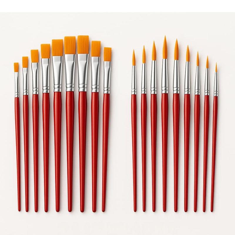 Foreign Trade Nylon Painting Brush Set - 10 Pieces, Red & Blue Handles, Flat Gouache & Oil Brushes