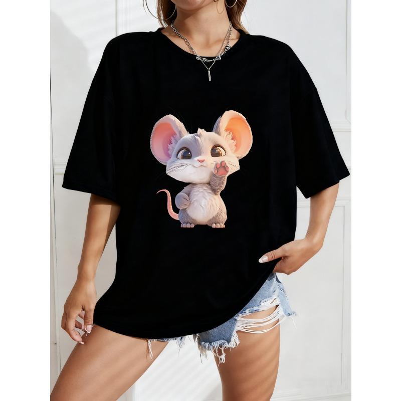 Niedliches Maus-Print T-Shirt Weiß Cartoon Tierdesign für Freizeitkleidung