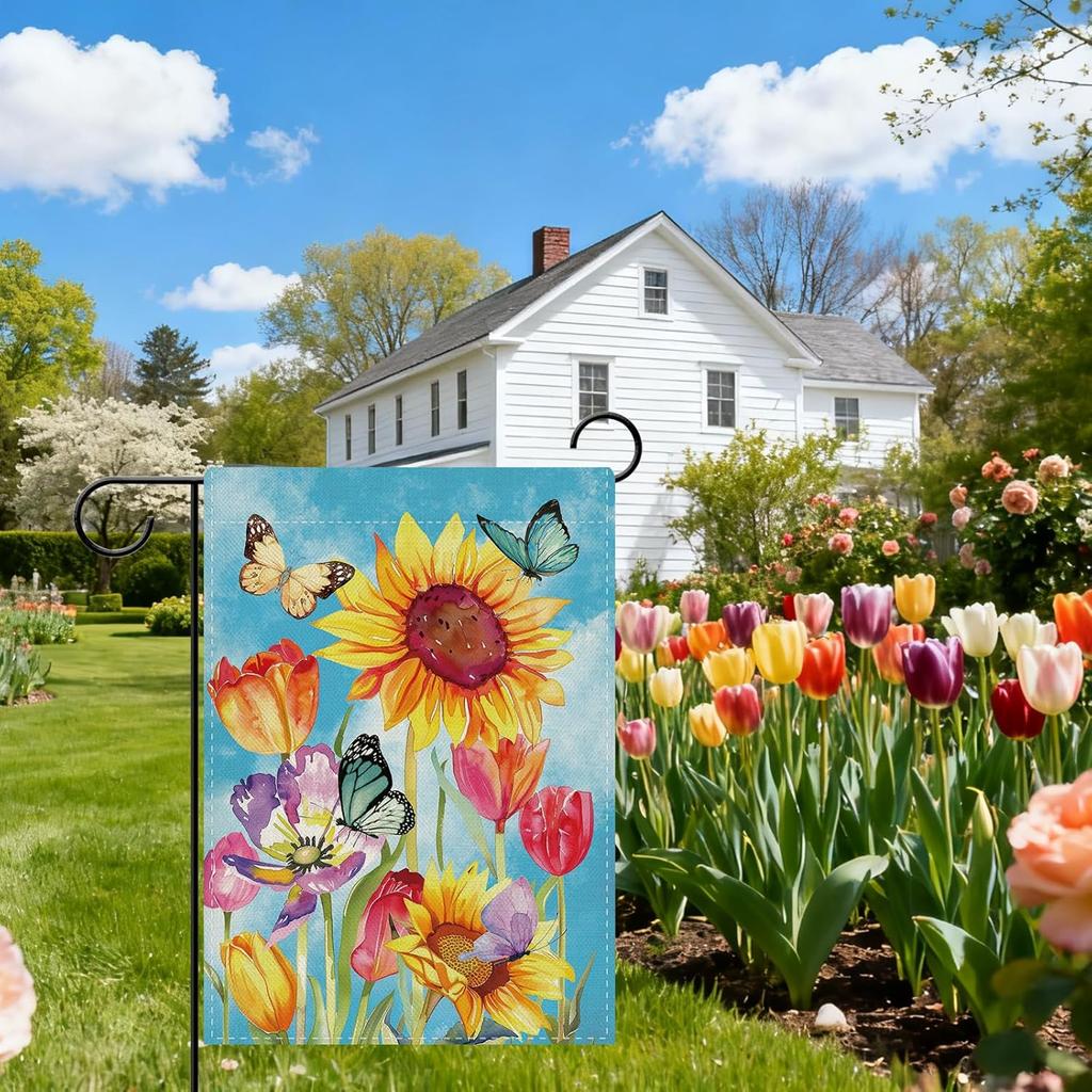Dyrenson Spring Summer Sunflower Decorative Garden Flag, Watercolor Tulip Flower Butterfly Yard Outside Home Decoration, Flo