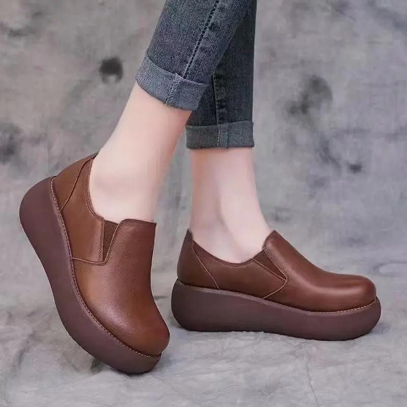 Soft Leather Wedge Heel Round Toe Deep Mouth Single Shoes Women's Four Seasons Waterproof Platform Non-slip Wear-resistant Work Women's Shoes