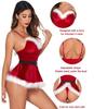 Women's V Neck Sleeveless Bodysuit Bodycon Fit Velvet Santa Costume White Fur Trim Christmas Lingerie Teddy