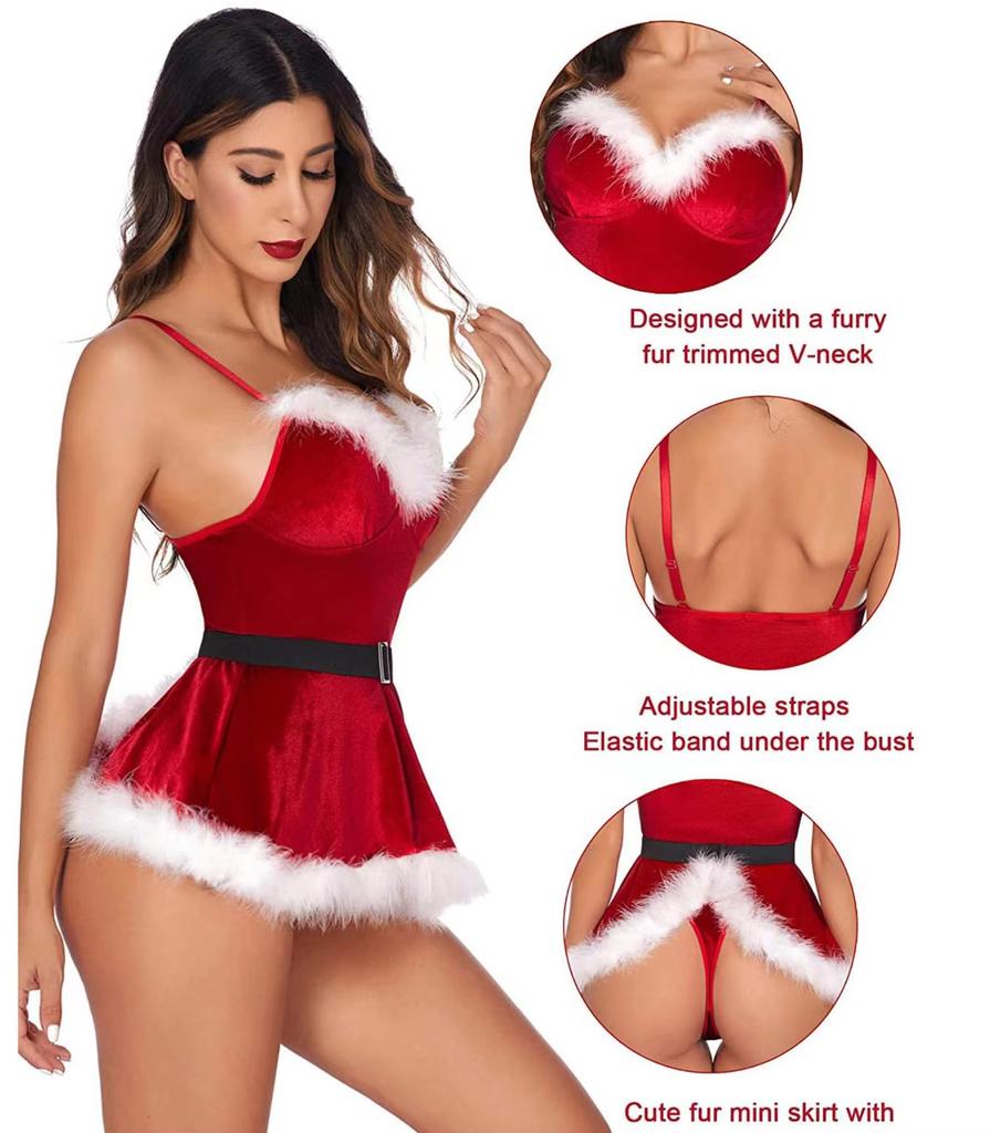 Women's V Neck Sleeveless Bodysuit Bodycon Fit Velvet Santa Costume White Fur Trim Christmas Lingerie Teddy