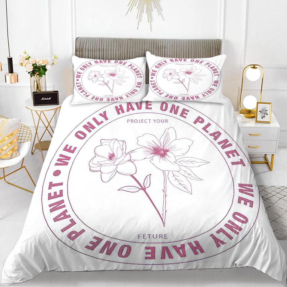 Flower Duvet Cover Set Words White Background with Colourful Flowers Pattern Bike King Size for Boys Girls Polyester Bedding Set